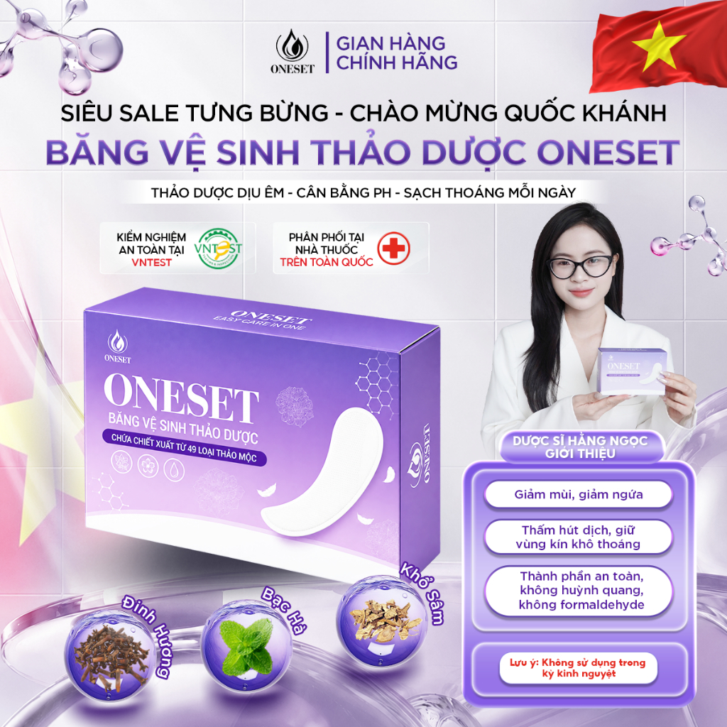 Băng vệ sinh thảo dược ONESET giảm mùi, giảm ngứa, khô thoáng, hỗ trợ cân bằng pH, 13x8,5cm, 6 miếng