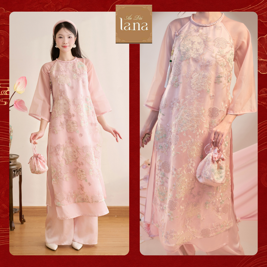 Áo dài nữ Ỷ Mộng hồng họa tiết hoa 4 cánh & quạt thêu tinh xảo chất liệu tơ kính phối lụa cao cấp – SD276 LANA DESIGN