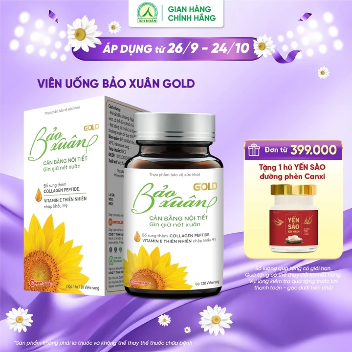 Viên uống Bảo Xuân Gold hỗ trợ cân bằng nội tiết tố nữ, giảm khô hạn, làm đẹp da - Lọ 120 viên