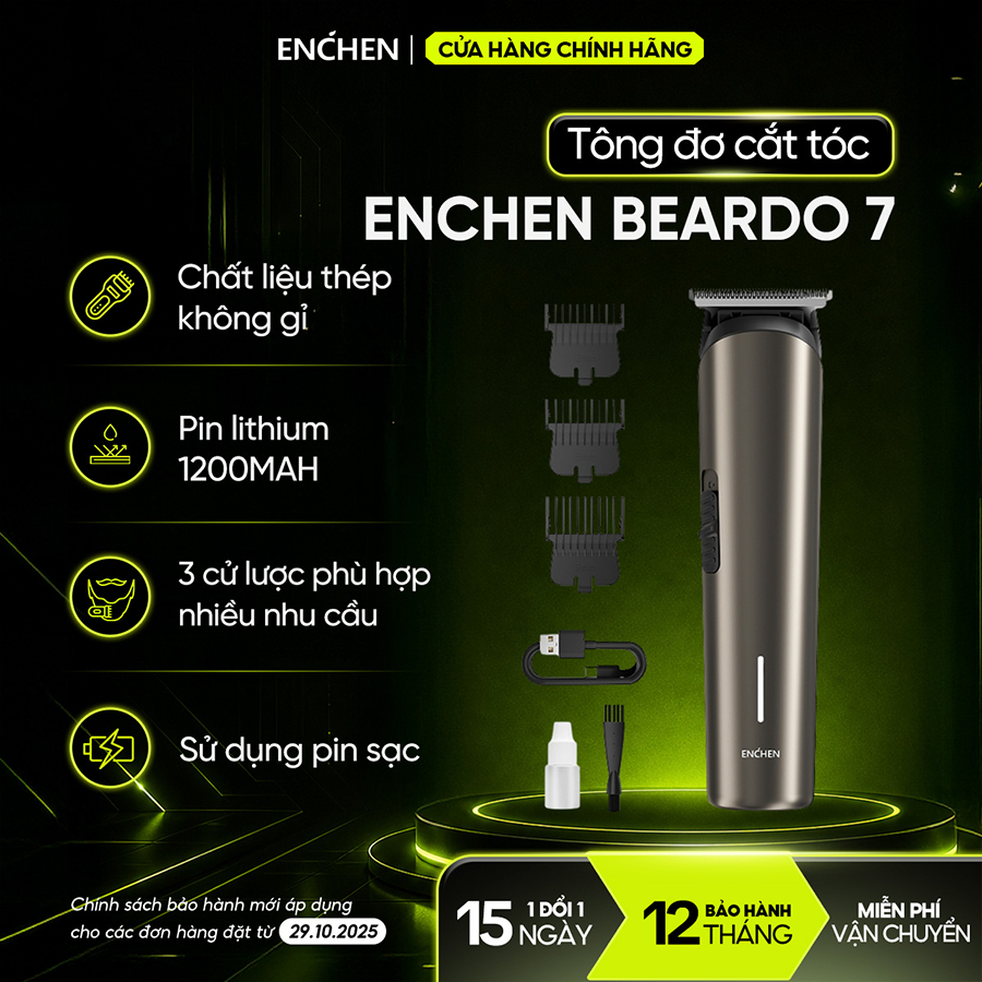 Tông đơ cắt tóc Enchen Beardo 7 tốc độ cao, lưỡi thép không gỉ, tặng 3 cử tạo kiểu - BH 12 tháng