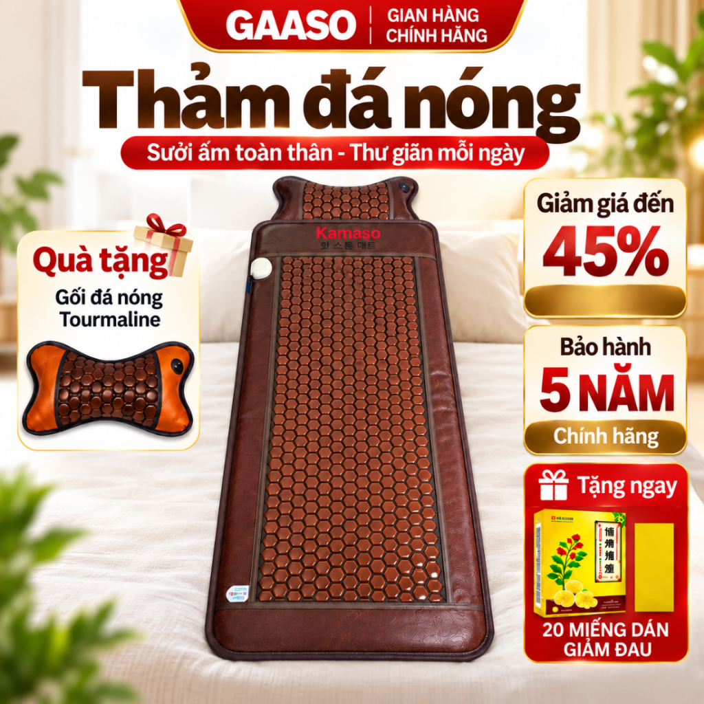 Thảm đá nóng Lục giác Kamaso 60x160cm Hàn Quốc Kèm Gối đá nóng cải tiến 2026 Bảo hành 5 năm Toàn quốc