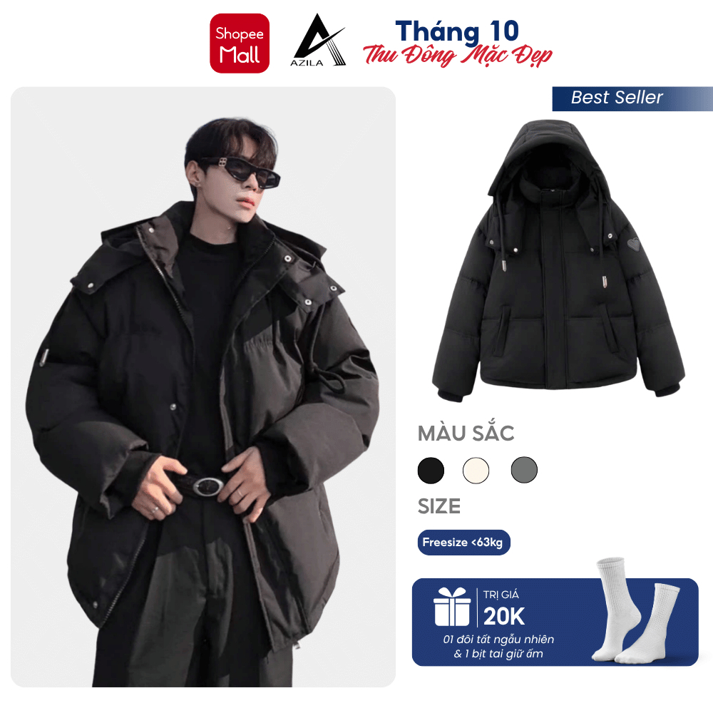 Áo Khoác Phao Béo Nam Nữ AZILA, Áo Phao Cho Các Cặp Đôi Có Thêu Hình Trái Tim, Phao Đại Hàn Siêu Dày, Siêu Ấm Ap19