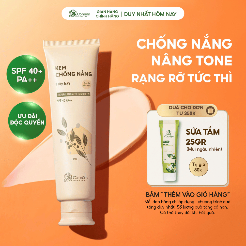 Kem Chống Nắng Mặt Nâng Tông Thấm Nhanh Hây Hây Cho Mọi Loại Da Khô Dầu Mụn SPF 40 PA ++ Cỏ Mềm 60g