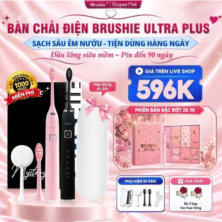 [GIÁ 553K LIVE SHOP] Bàn chải điện lông mềm Brushie Ultra êm dịu tích hợp máy rửa mặt, Set Quà Tặng Cho Nữ 20/10 KOL