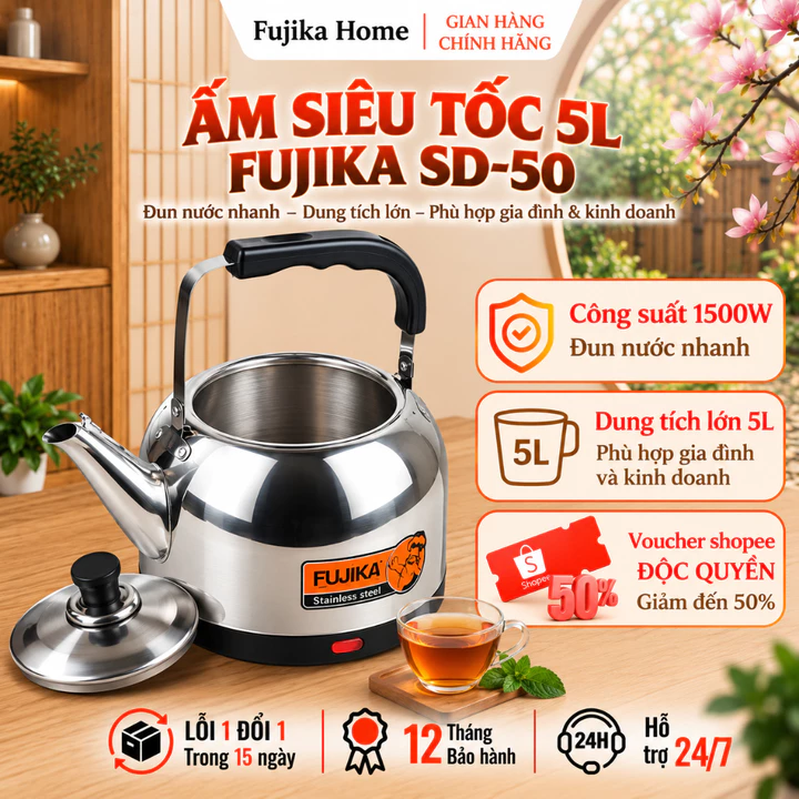 Ấm siêu tốc Fujika 5L, công suất 1500W sôi cực nhanh, chế độ tự ngắt khi sôi, Bảo hành 12 tháng.
