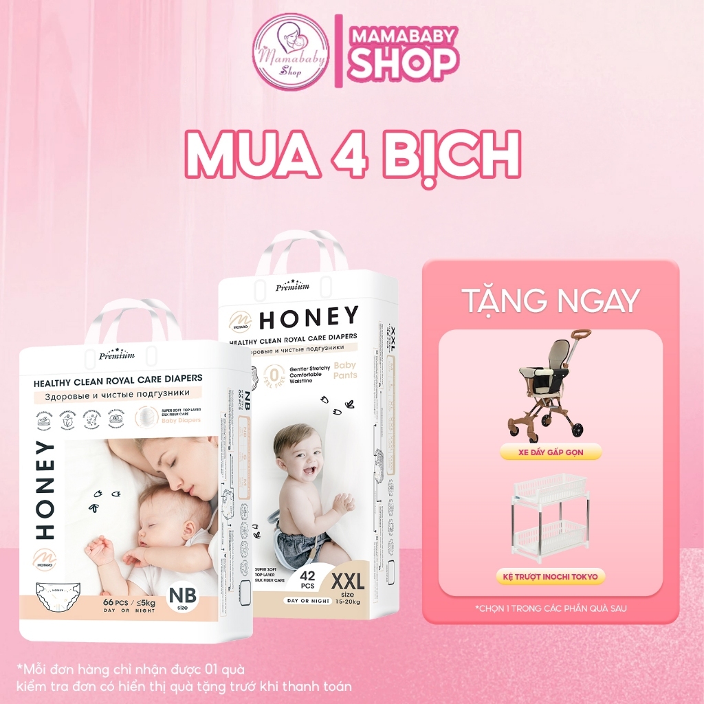 (Combo 4 bịch tặng quà) Tã dán bỉm quần Honey Premium siêu mỏng, thấm hút 1200ml cho bé đủ size