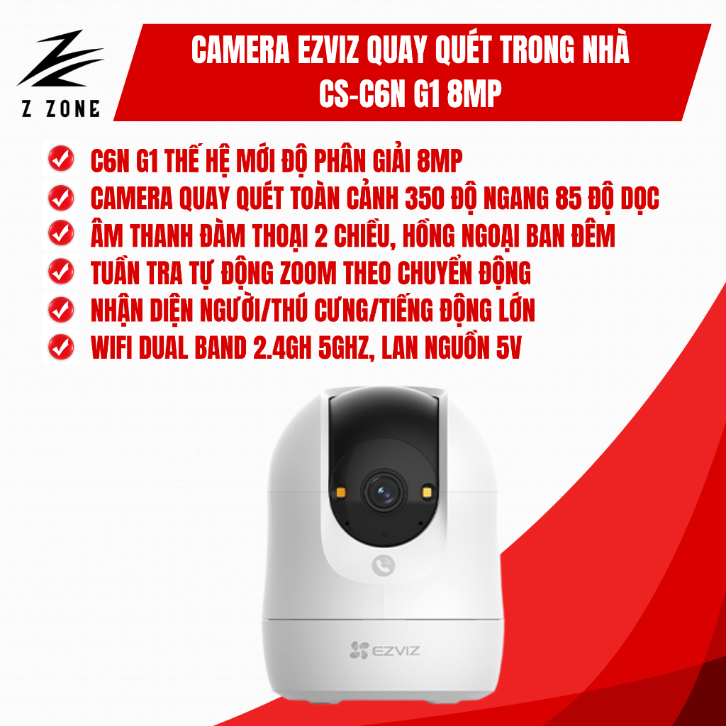 Camera quay quét trong nhà Ezviz C6N G1 8MP, Đàm thoại 2 chiều, Quay quét 350 độ
