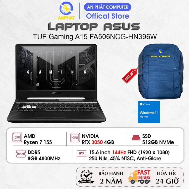 Laptop ASUS TUF Gaming A15 FA506NCG-HN396W, Ryzen 7 155, RTX 3050 4GB, 8GB RAM, 512GB SSD,15.6 FHD 144Hz, Win11