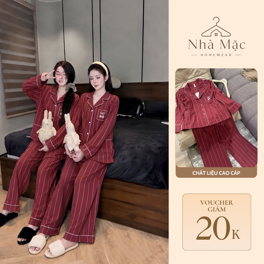 Bộ pijama dài tay nữ quần dài chất cotton linen kẻ sọc thêu túi cherry mặc nhà siêu mềm mát mã 2262