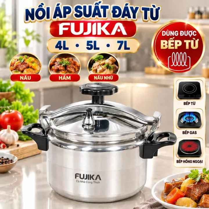 Nồi áp suất đáy từ Fujika, nồi hầm thức ăn nhanh mềm, tiết kiệm thời gian, dùng được mọi loại bếp
