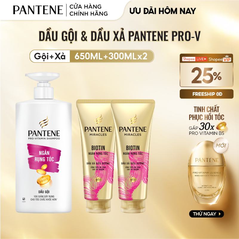Combo Dầu Gội PANTENE Pro-V Và Dầu Xả Siêu Dưỡng Ngăn Rụng Tóc - Chai 650ML & 300MLx2