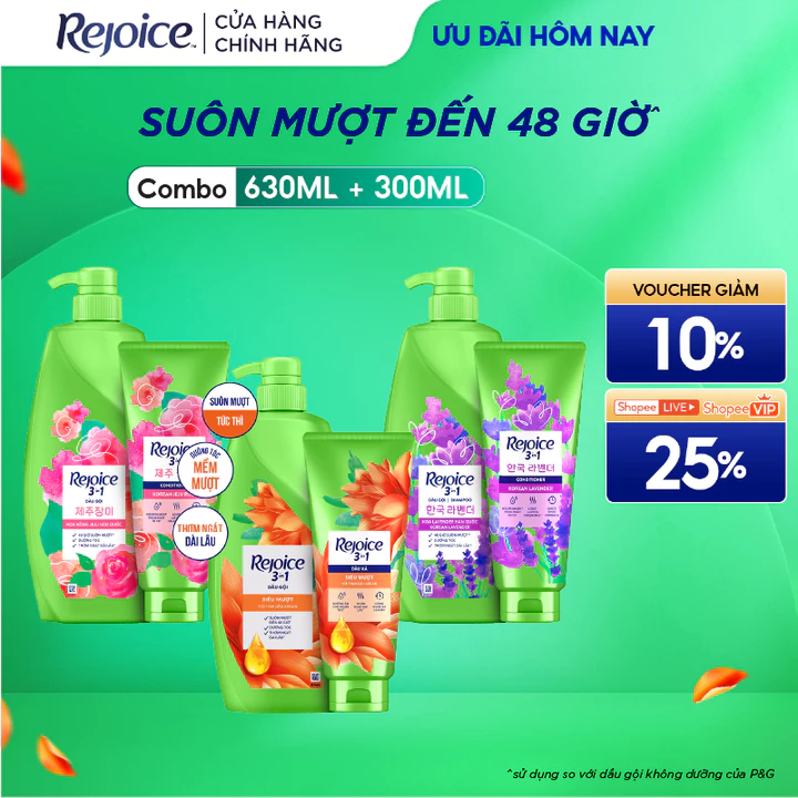 Combo Dầu Gội Xả REJOICE 3 Trong 1 Với Dưỡng Chất Từ Tinh Dầu Argan Siêu Mềm Mượt /Hoa Hồng JeJu/ Lavender 630ML+300ML
