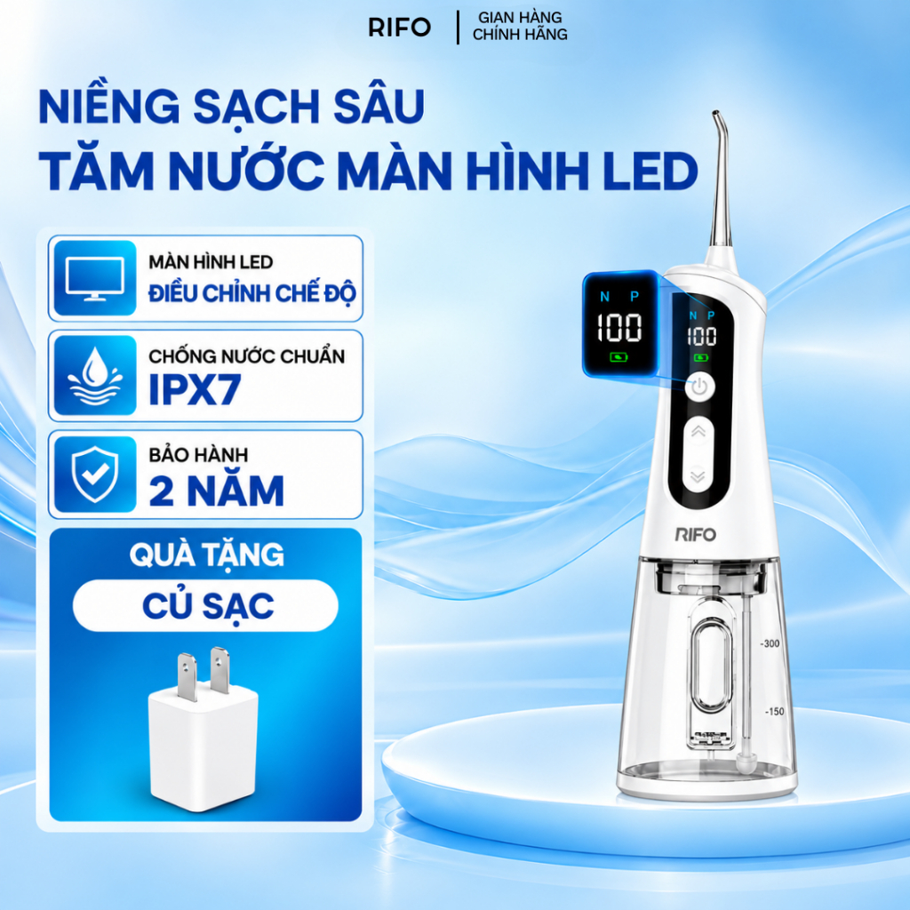 Máy tăm nước RIFO cho người niềng răng, màn hình LED 100 mức điều chỉnh, sạch sâu kẽ răng