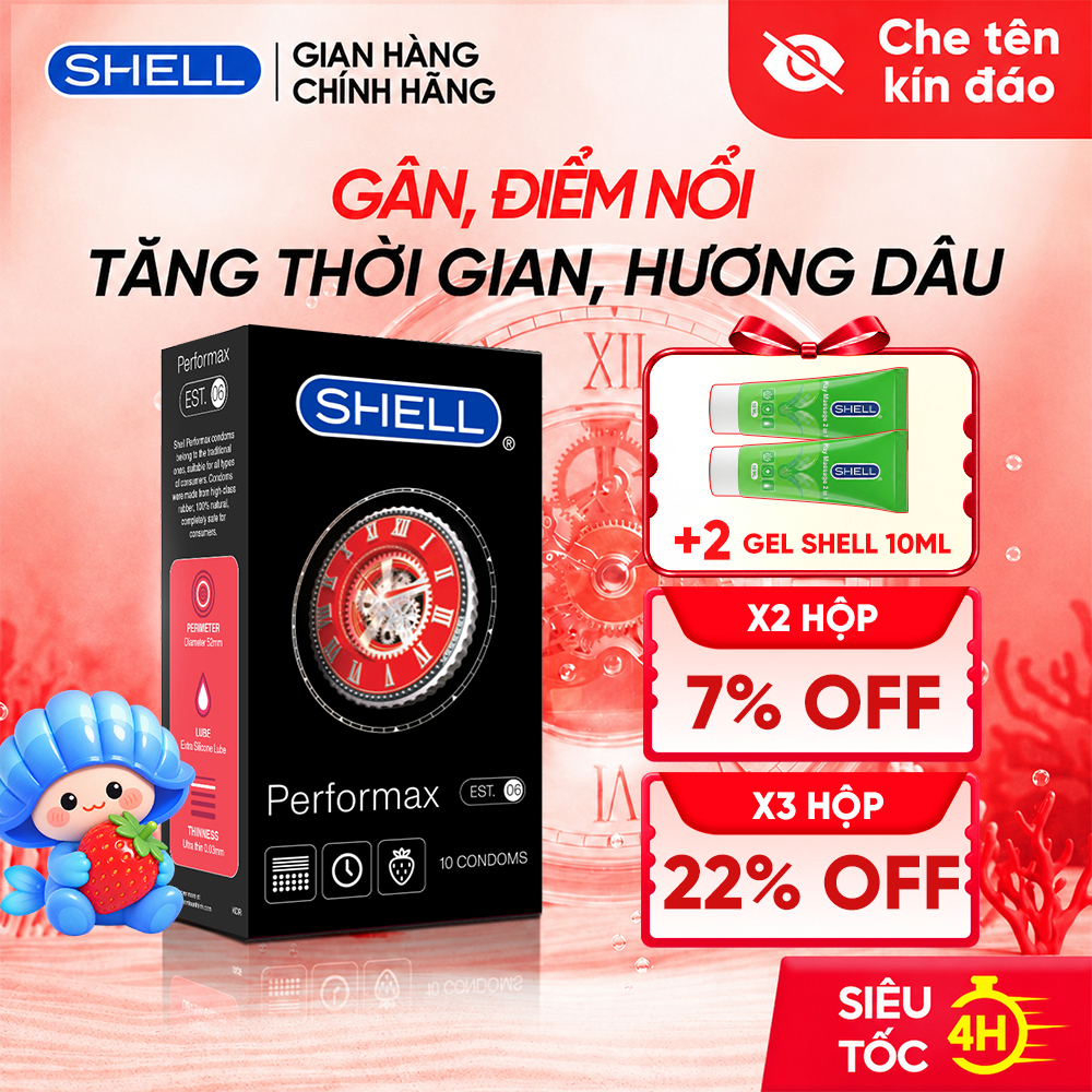 Bao Cao Su Shell Performax 6 In 1 Gân Điểm Nổi, Kéo Dài Thời Gian, Hương Dâu - Hộp 10 Cái