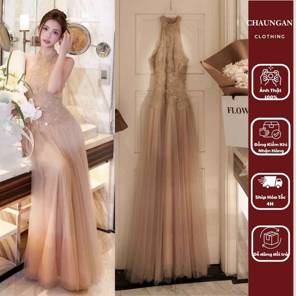 Đầm Dạ Hội Cổ Yếm Đính Đá Thêu Hoa Nổi Dáng Dài Xòe Tơ Mềm Sang Trọng CHUẨN TRÂN ALI