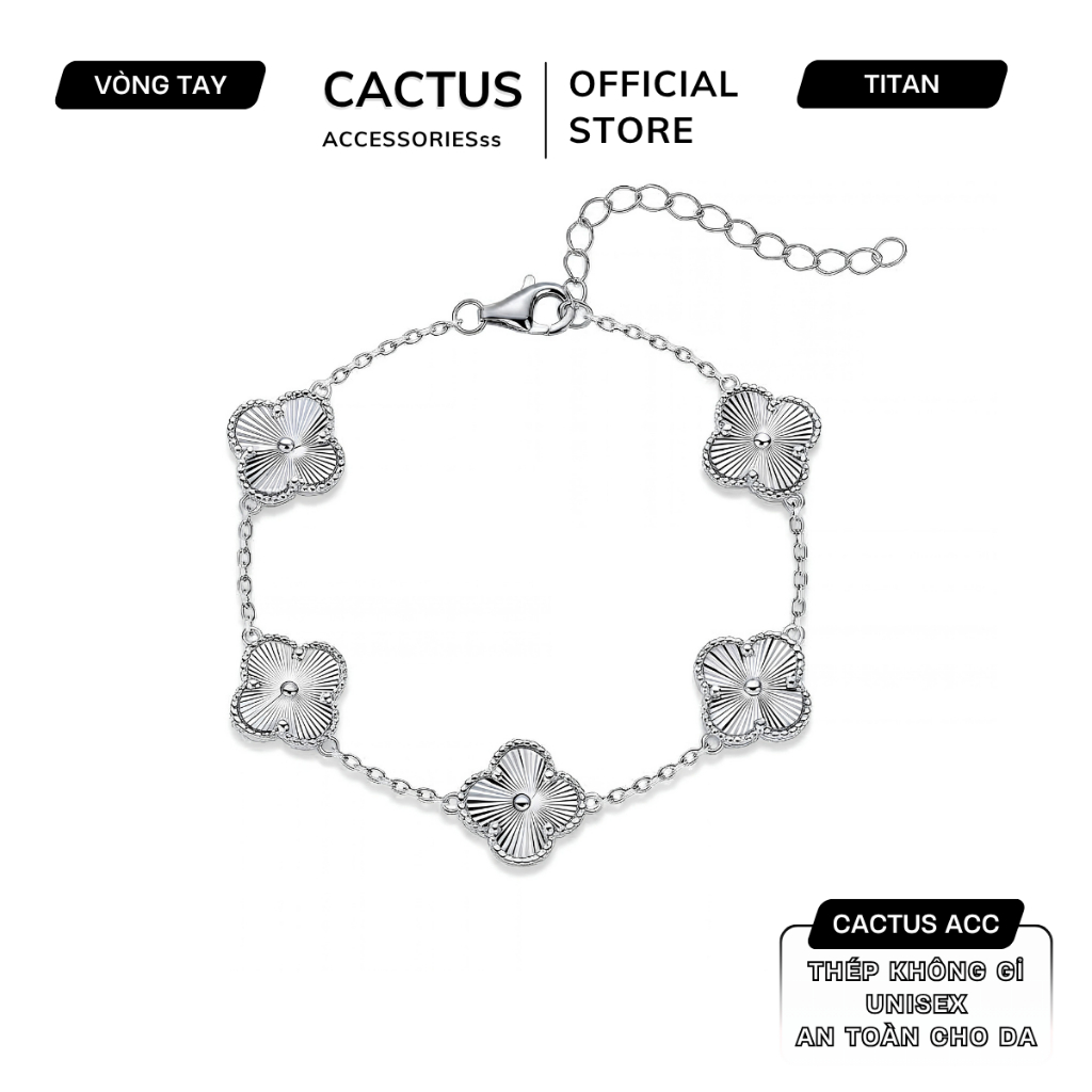 Lắc tay Unisex nam nữ Titan 316L Cỏ 4 lá xà cừ đính đá, vòng tay Four Leaf Clover may mắn Cactus Acc