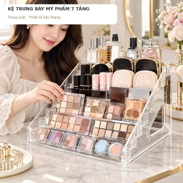 Kệ Đựng Mỹ Phẩm Trong Suốt 7 Tầng Lắp Ráp Khớp Gài, Giá Trưng Bày Bảng Phấn Mắt Son Môi Để Bàn