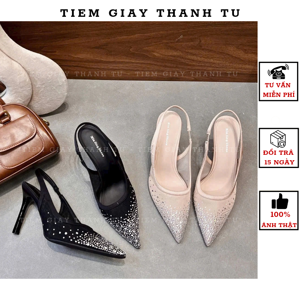 16 [tiemgiaythanhtu]Giày cao gót nữ slingback 10CM mũi nhọn phối lưới đính kim sa sang trọng FULLBOX QCCC