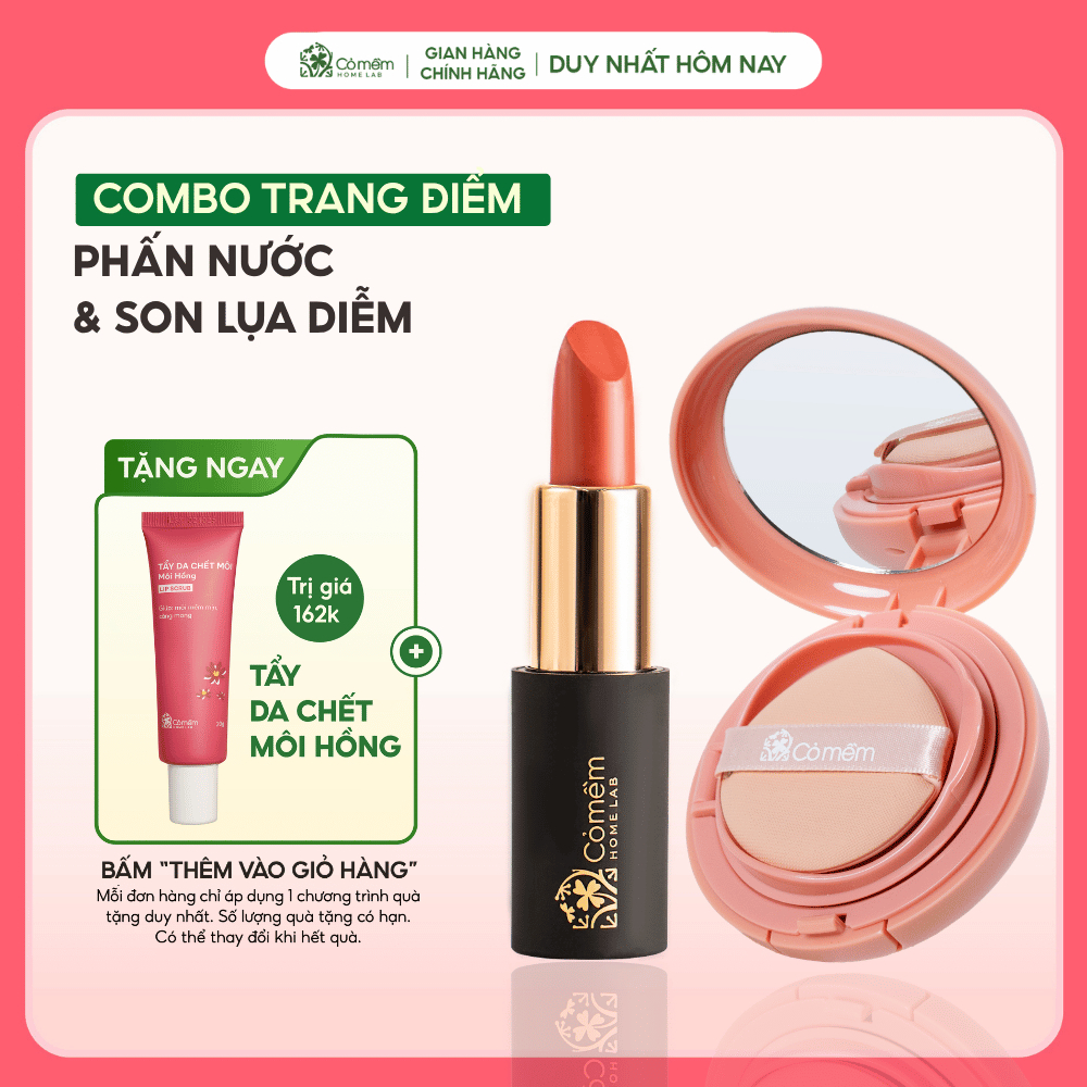 Combo Trang Điểm Tự Nhiên Son Môi Lụa Diễm Mềm Mịn Và Phấn Nước Thuỷ Tinh Cỏ Mềm
