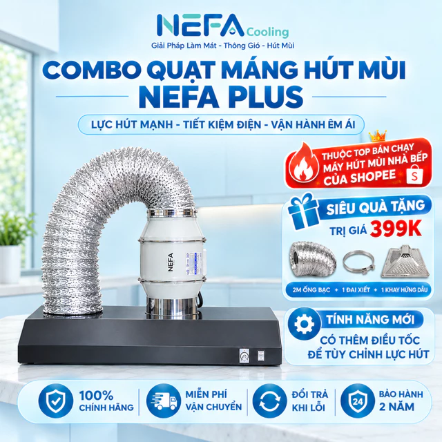 Combo Quạt Thông Gió Hút Mùi Nefa Và Máng Hút Mùi Bếp Sơn Tĩnh Điện Hút Sạch Mùi Thức Ăn, Dầu Mỡ, Khói Nhanh Chóng