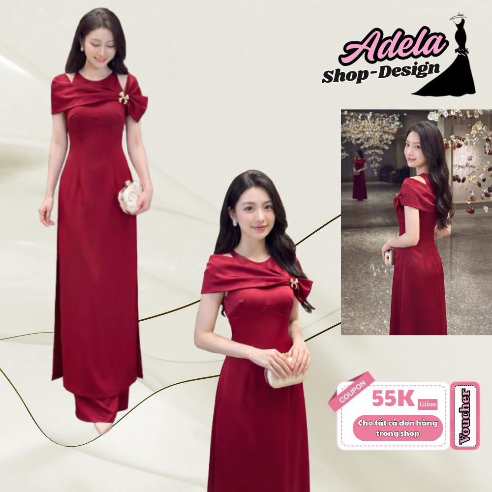 Set Áo Dài Cách Tân ADELA DESIGN Twist Satin Cao Cấp Ánh Đỏ Đô Cổ Cách Điệu Phối Nơ Tag Cài Rời Kèm Quần MDU6548
