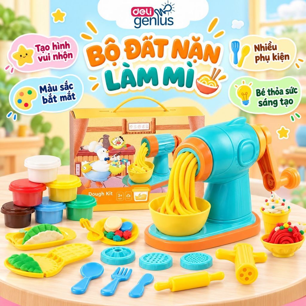 Bộ Đồ Chơi Máy Làm Kem Kèm Đất Nặn Deli, Máy Làm Mì Hamburger Kèm Dụng Cụ Và Khuôn Không Dính Tay An Toàn Cho Bé