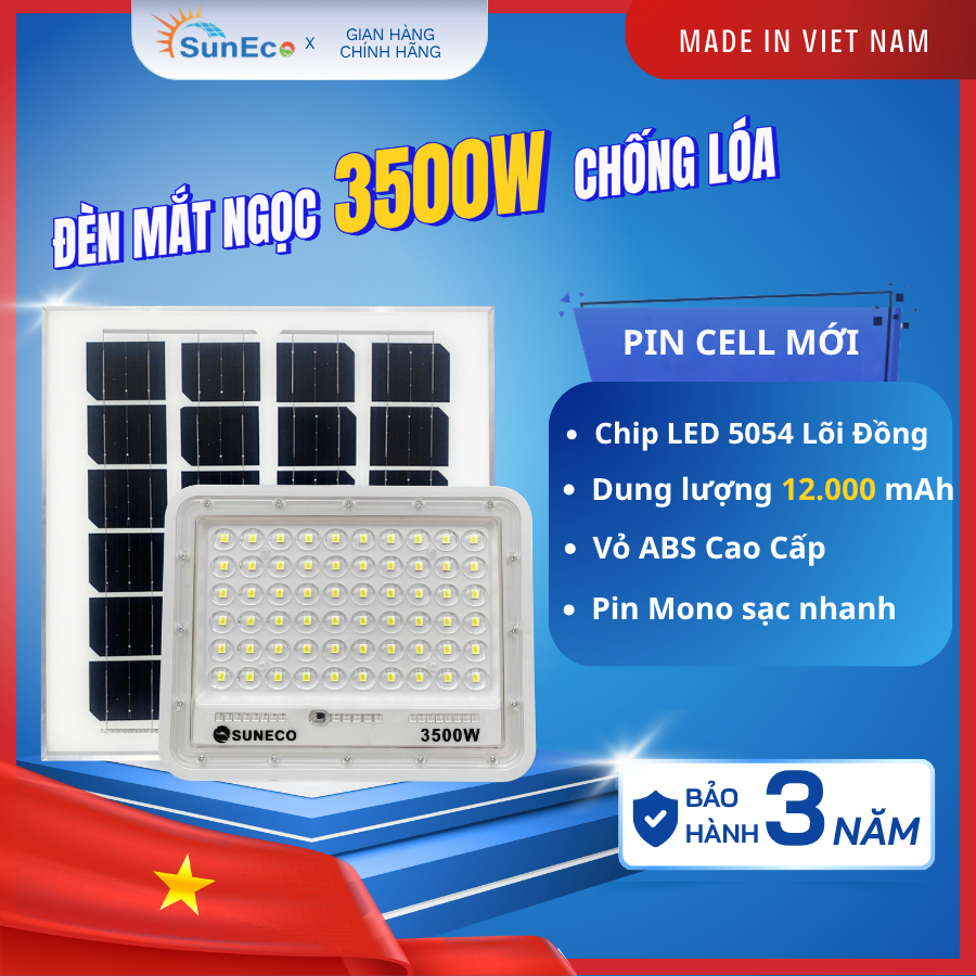 [PIN CELL 32700] Đèn Chống chói năng lượng mặt trời SUNECO 3500W Mắt Ngọc 60 Chip Led 5054, Vỏ nhựa ABS, Chống nước cao
