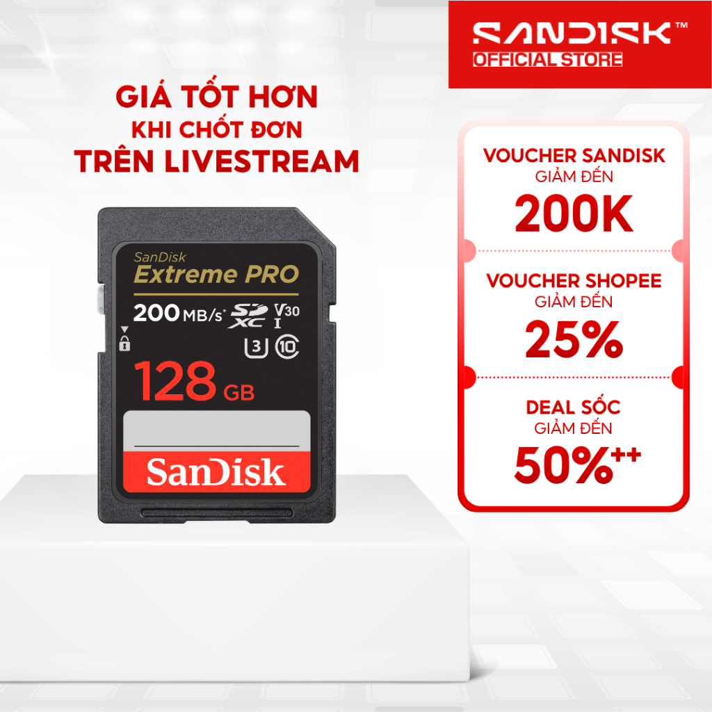 Thẻ nhớ SDHC SDXC Sandisk Extreme Pro 32GB/64GB/128GB V30 U3 C10 UHS-I upto 200MB/s Bảo hành trọn đời