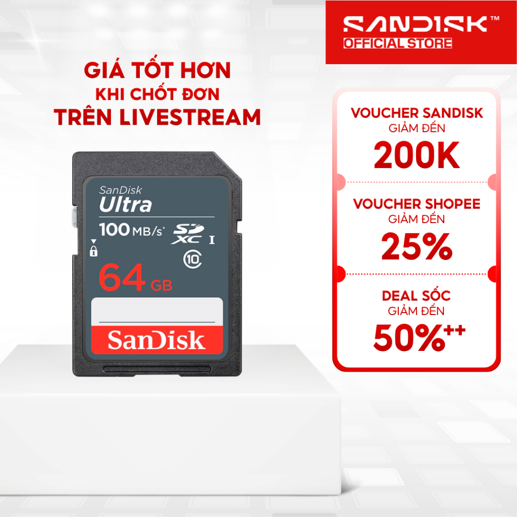 Thẻ nhớ SDHC Sandisk Ultra 16GB / 32GB / 64GB Class 10 upto 100MB/s Bảo hành 7 năm