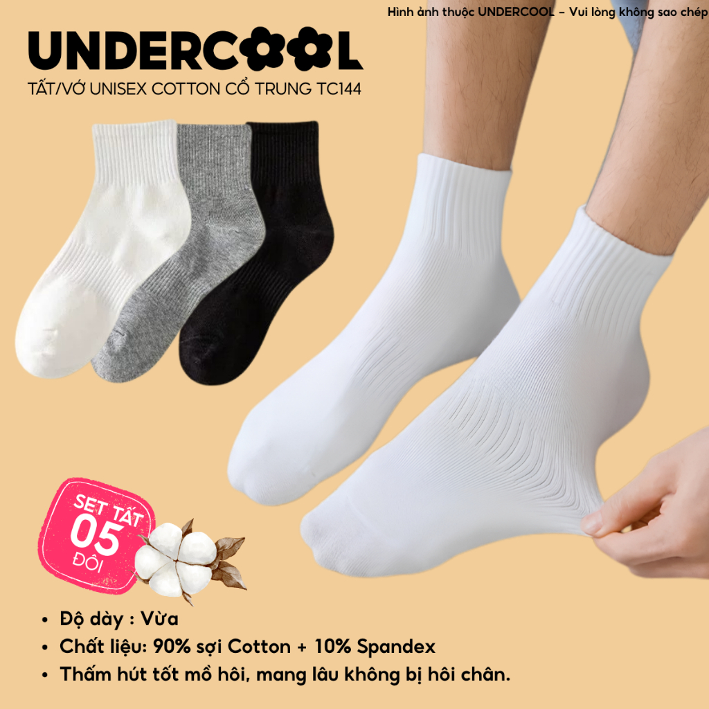 COMBO 5 Đôi Tất Vớ Cổ Trung Nam Nữ UNDERCOOL Vải Cotton Co Giãn Thấm Hút Mồ Hôi Dày Dặn Mã TC144-CB5