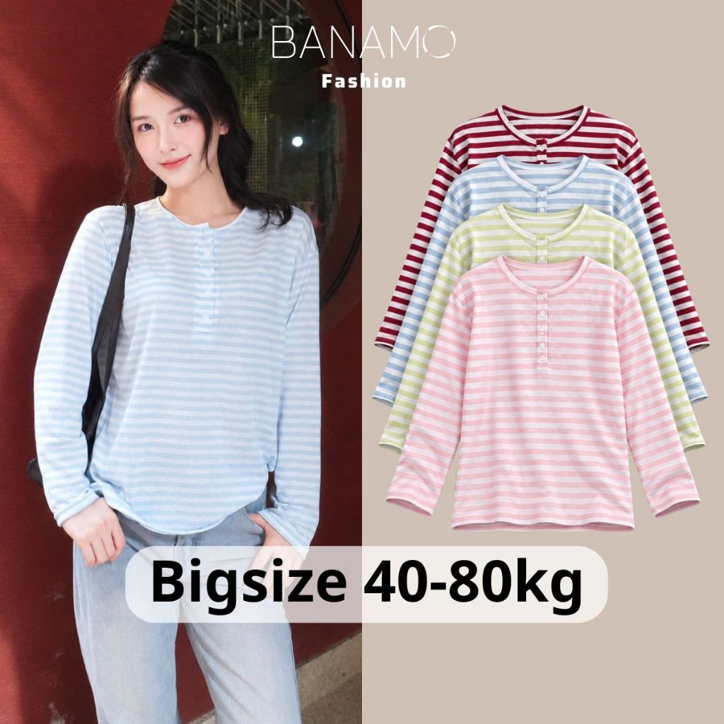 Áo thun nữ BIGSIZE Banamo Fashion tay dài kẻ sọc cổ trụ form suông phong cách Hàn Quốc 370