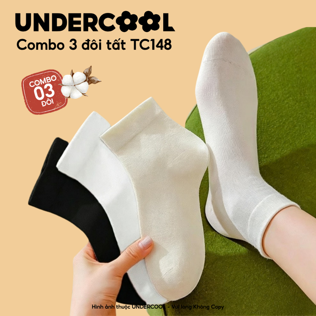 Combo 3 Đôi Tất Nữ Cổ Ngắn UNDERCOOL Vớ Trơn Chất Cotton Mềm Mịn Thoáng Khí Co Giãn Đa Chiều Mã TC148-cb3