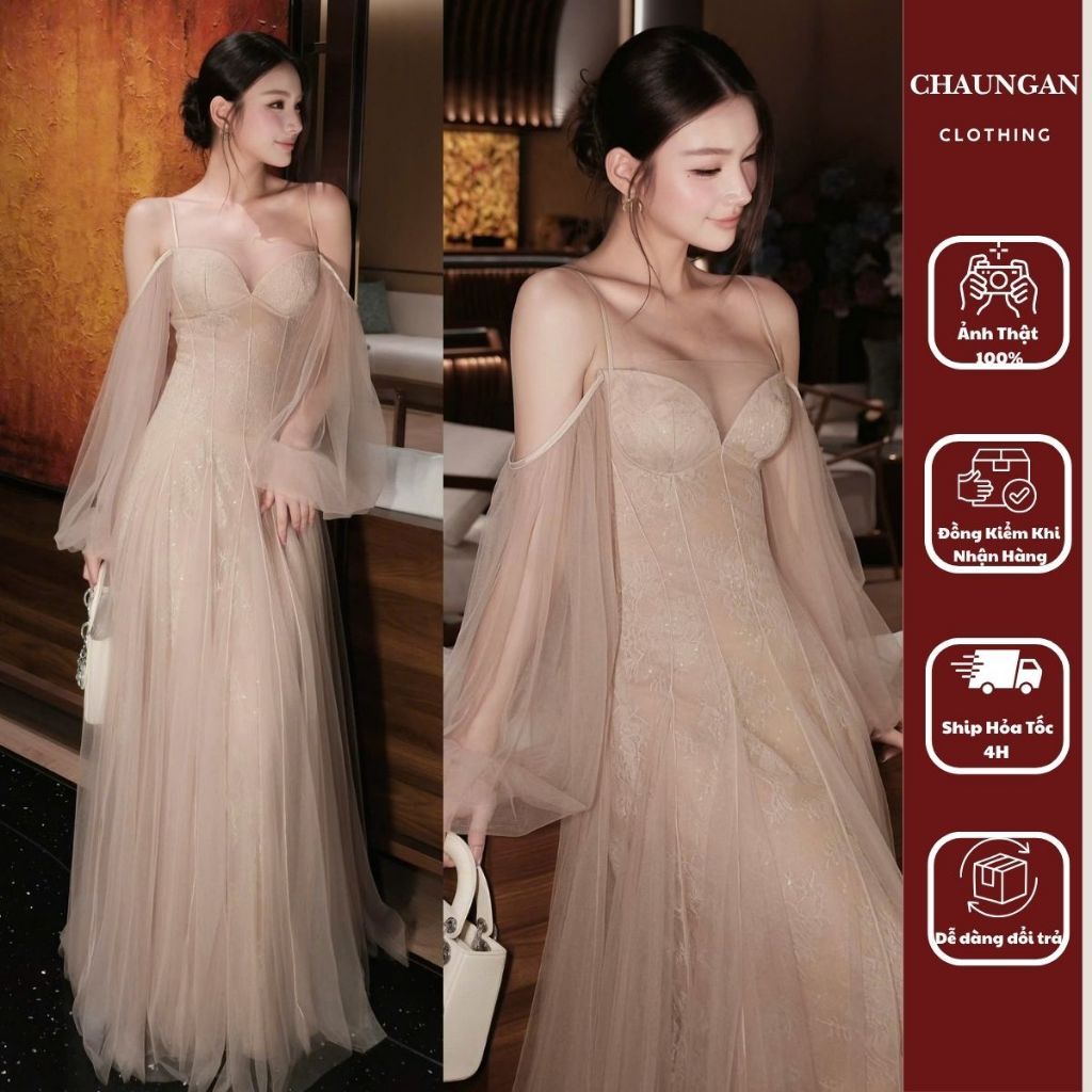 Đầm Dạ Hội Hai Dây Trễ Vai Tay Bồng Voan Tơ Ánh Kim Dáng Dài Sang Trọng