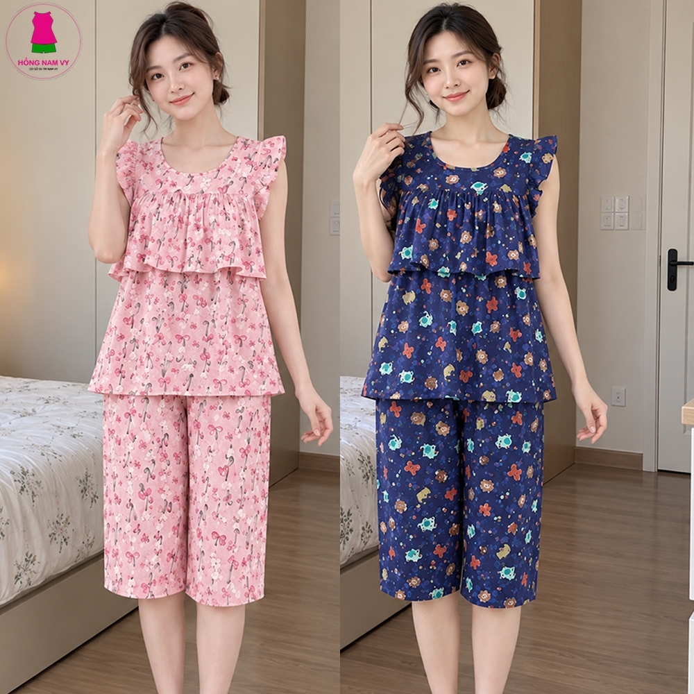 Bộ tole lanh nữ mặc nhà có Bèo Ngực lửng cánh tiên 48-75kg tole 2 da mịn đẹp