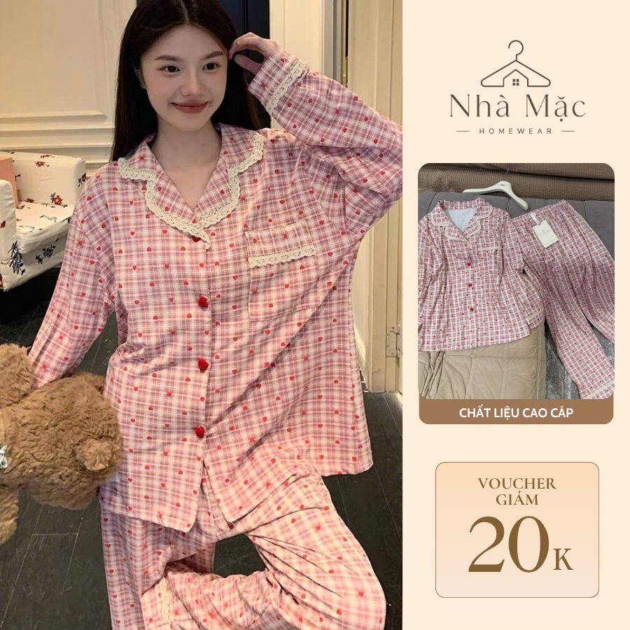Bộ pijama nữ dài tay quần dài phối viền ren kẻ caro đỏ có trái tim chất cotton mềm dễ thương đồ mặc nhà mã 6337 CT