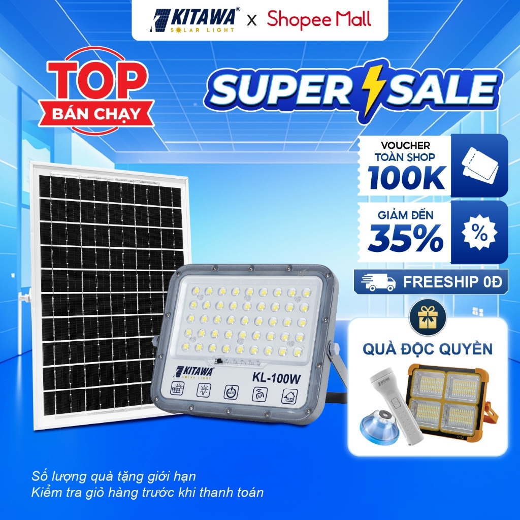 Đèn Pha Năng Lượng Mặt Trời 100W Chống Chói KITAWA DP15.100 | IP67, Chip LED SMD Siêu Sáng