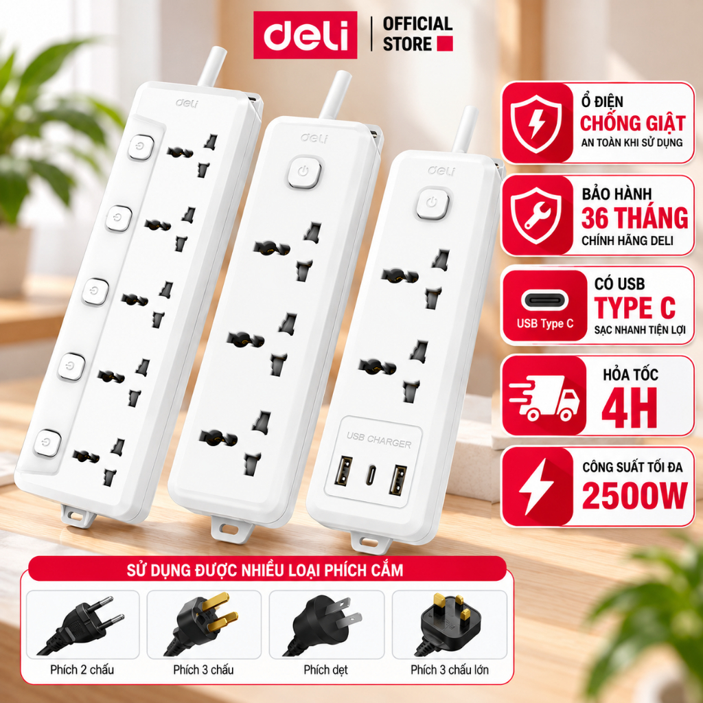 [HỎA TỐC] Ổ Điện Deli 2026 Ổ Cắm Điện Đa Năng Để Bàn Mẫu Mới Công Suất 2500W, Thông Minh Tích Hợp Cổng USB