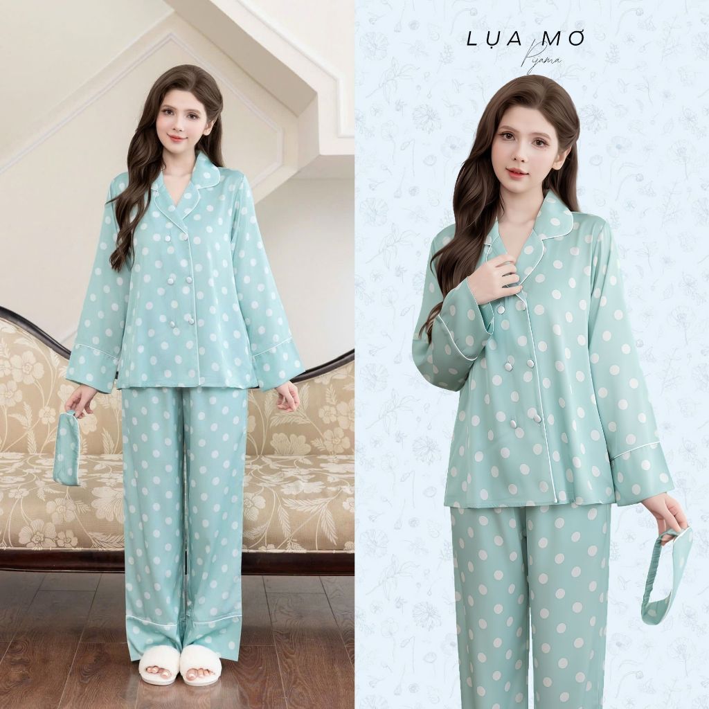 Pijama Tiểu Thư Form Vest Họa Tiết Xanh Baby Tặng Bịt Mắt Vải Lụa Latin Cao Cấp - Đồ Bộ Lụa Mơ LM1001
