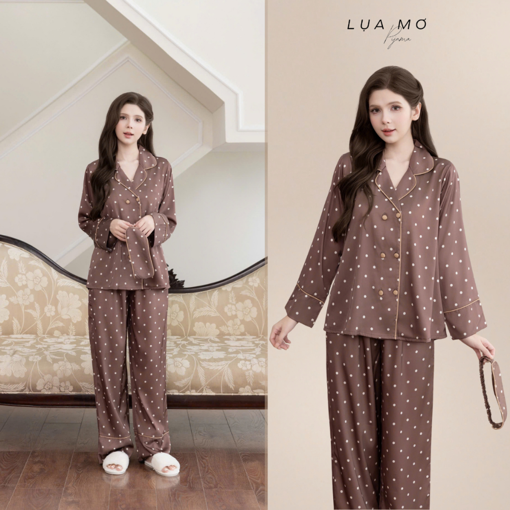 Pijama Tiểu Thư Form Vest Họa Tiết Nâu Bi Tặng Bịt Mắt Vải Lụa Latin Cao Cấp - Đồ bộ Lụa Mơ LM1000