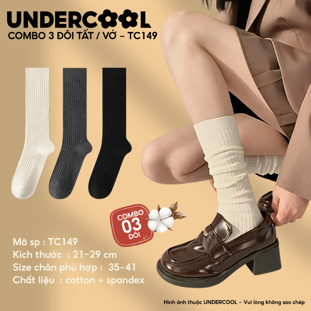 Combo 3 Đôi Tất Dài Nữ UNDERCOOL Vớ Bắp Chân Dáng Dài Phong Cách Y2K Hàn Quốc Dễ Phối Đồ TC149 - CB3
