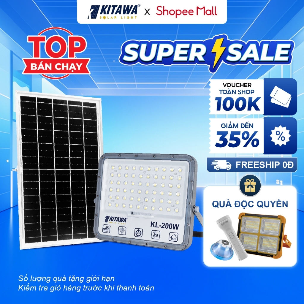 Đèn pha năng lượng mặt trời 200W chống chói KITAWA - DP15.200 Thiết Kế Nhôm Đúc Bền Bỉ, Chống Nước