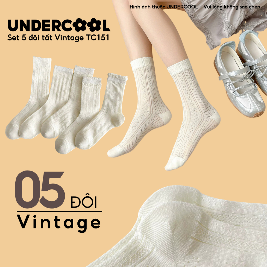 Set 5 Đôi Tất Nữ Cổ Trung Dệt Kim UNDERCOOL Phong Cách Vintage Họa Tiết Ren Viền Bèo Vớ Cổ Bèo Lưới Lolita - TC151