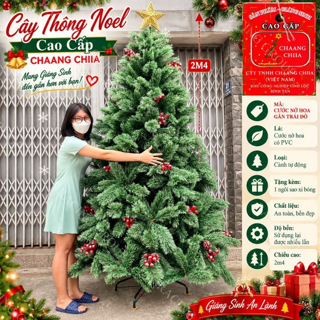 Cây Thông Noel A6 Cước Nở Hoa Gắn Trái Đỏ Mẫu 2025 1m2 - 3m6 Trang Trí Giáng Sinh Công Ty , Khách Sạn
