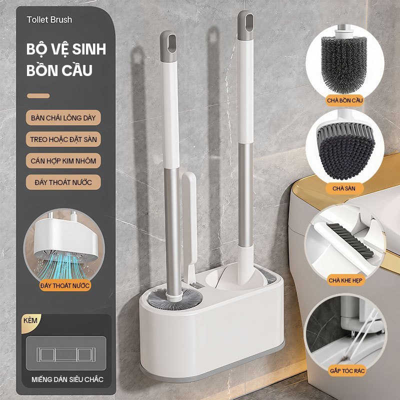 Bộ chổi cọ bồn cầu KITIMOP TL05 4 trong 1, cọ sàn, khe hẹp, nhíp gắp rác, treo tường