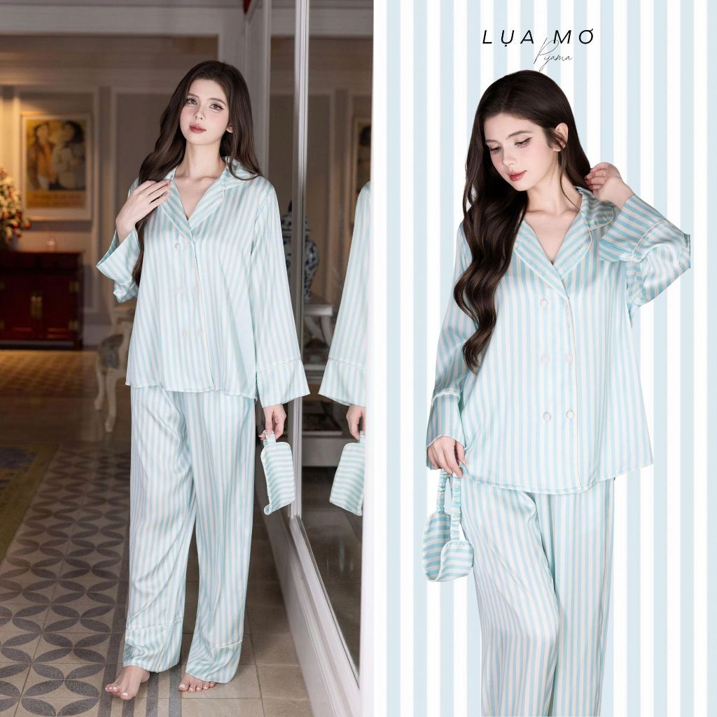 Pijama Tiểu Thư Form Vest Họa Tiết Sọc Xanh Sky Tặng Bịt Mắt Vải Lụa Latin Cao Cấp - Đồ Bộ Lụa Mơ LM1004