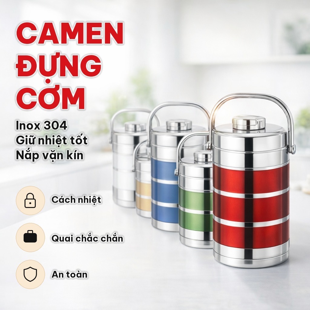 Camen Đựng Cơm Inox 304 Hai Lớp Giữ Nhiệt, Cặp Lồng Đựng Cơm Nắp Vặn Kín Tiện Dùng Cho Văn Phòng Công Sở
