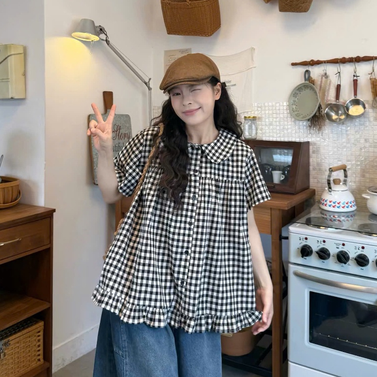 [Bigsize] A98 Áo babydoll kẻ caro, sọc to phối bèo xinh xắn, dễ thương che khuyết điểm tốt, đủ size 50-100kg