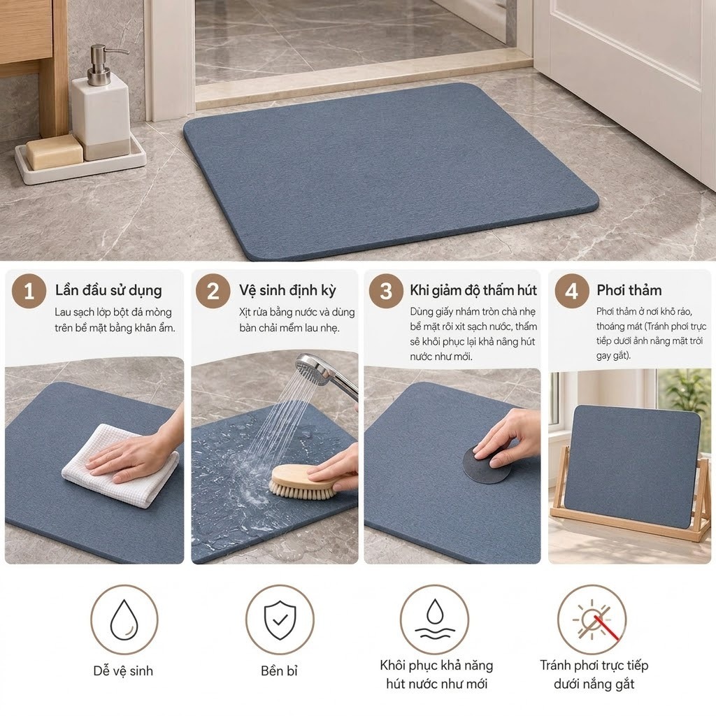 Thảm Lau Chân Cao Cấp Diatomite DURAHOME 45x35cm - Tham Đá Lau Chân Siêu Thấm Nước, Kháng Khuẩn, Chống Trơn Trượt | BigBuy360 - bigbuy360.vn