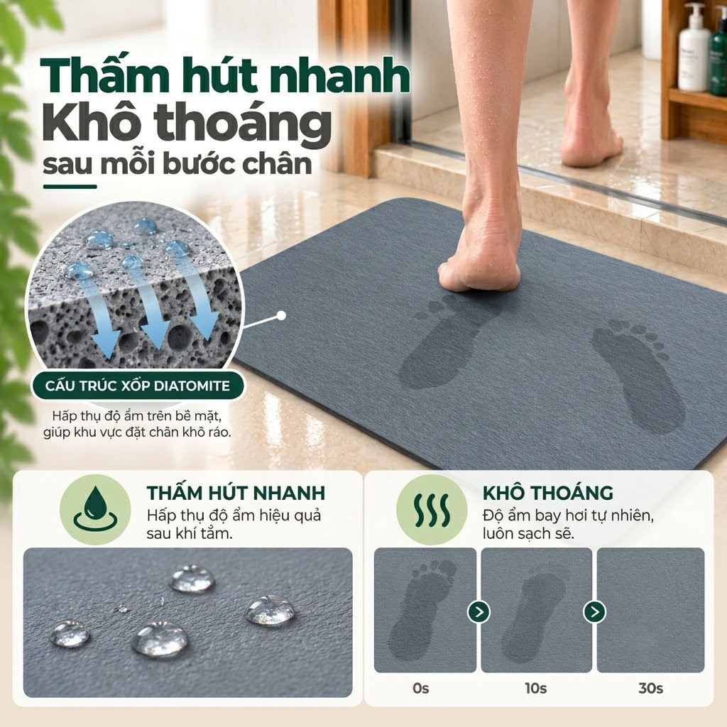 Thảm Lau Chân Cao Cấp Diatomite DURAHOME 45x35cm - Tham Đá Lau Chân Siêu Thấm Nước, Kháng Khuẩn, Chống Trơn Trượt | BigBuy360 - bigbuy360.vn