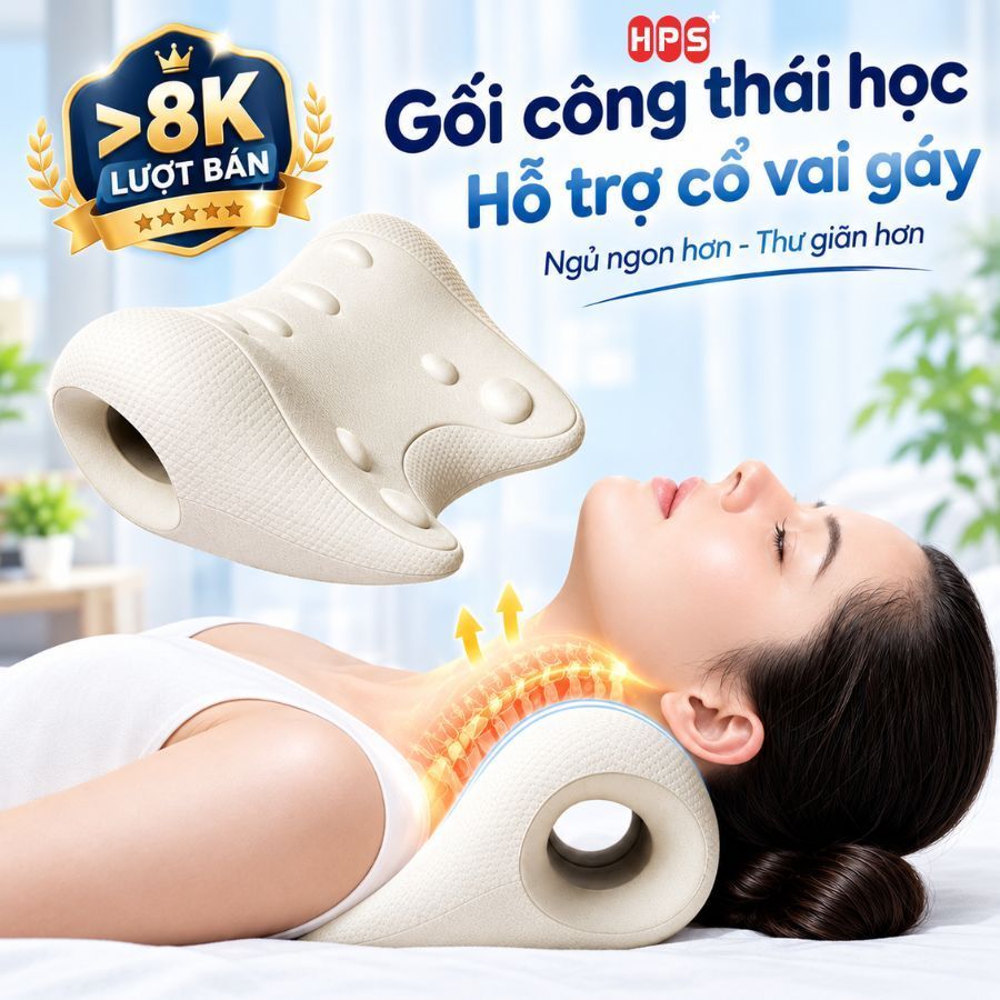 Gối Massage Cổ Gáy Tại Nhà Công Thái Học HPS Giúp Kéo Dãn Đốt Sống Cổ, Thư Giãn, Giảm Đau Mỏi Cổ Vai Gáy Hiệu Quả